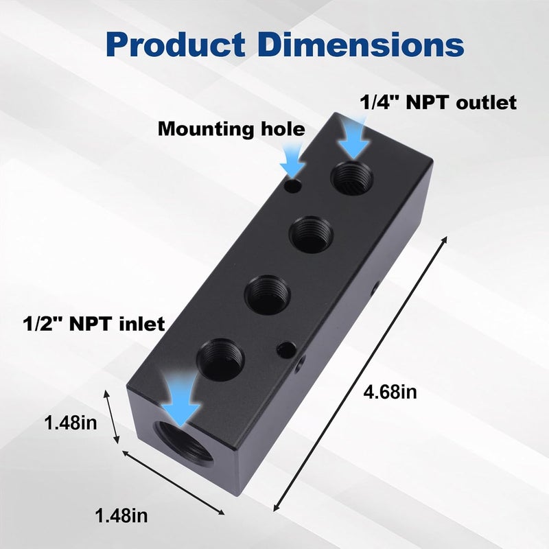 MARSTEK Air Manifold, Air Compressor Manifold, Aluminum Air Hose Inline Manifold Block Splitter, Pneumatic Manifold Air Distribution Block, NPT 1/2 Inch Supply Port, NPT 1/4 Inch Output Port (4 Way 6 Port) - Image 4
